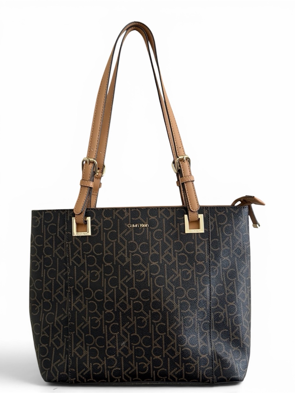 Calvin Klein Signature Tote Shoulder Bag Brown CK Monogram Print Brown Leather